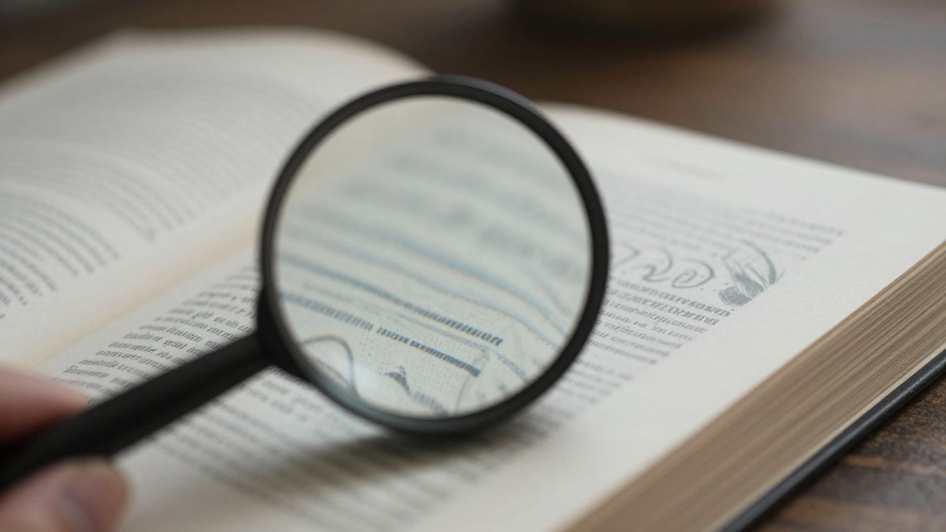 Open book with magnifying glass, exploring intricate patterns.