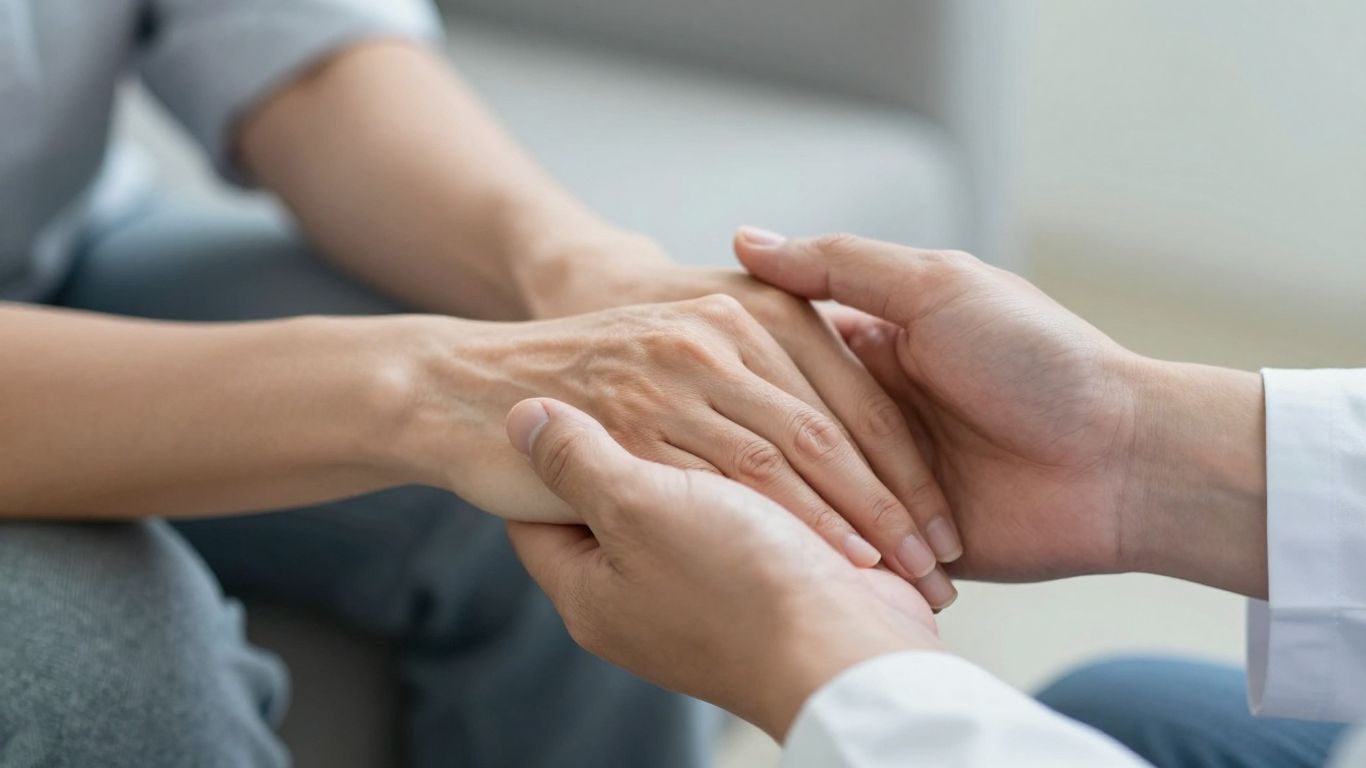Psychiatrist and patient holding hands, showing empathy.