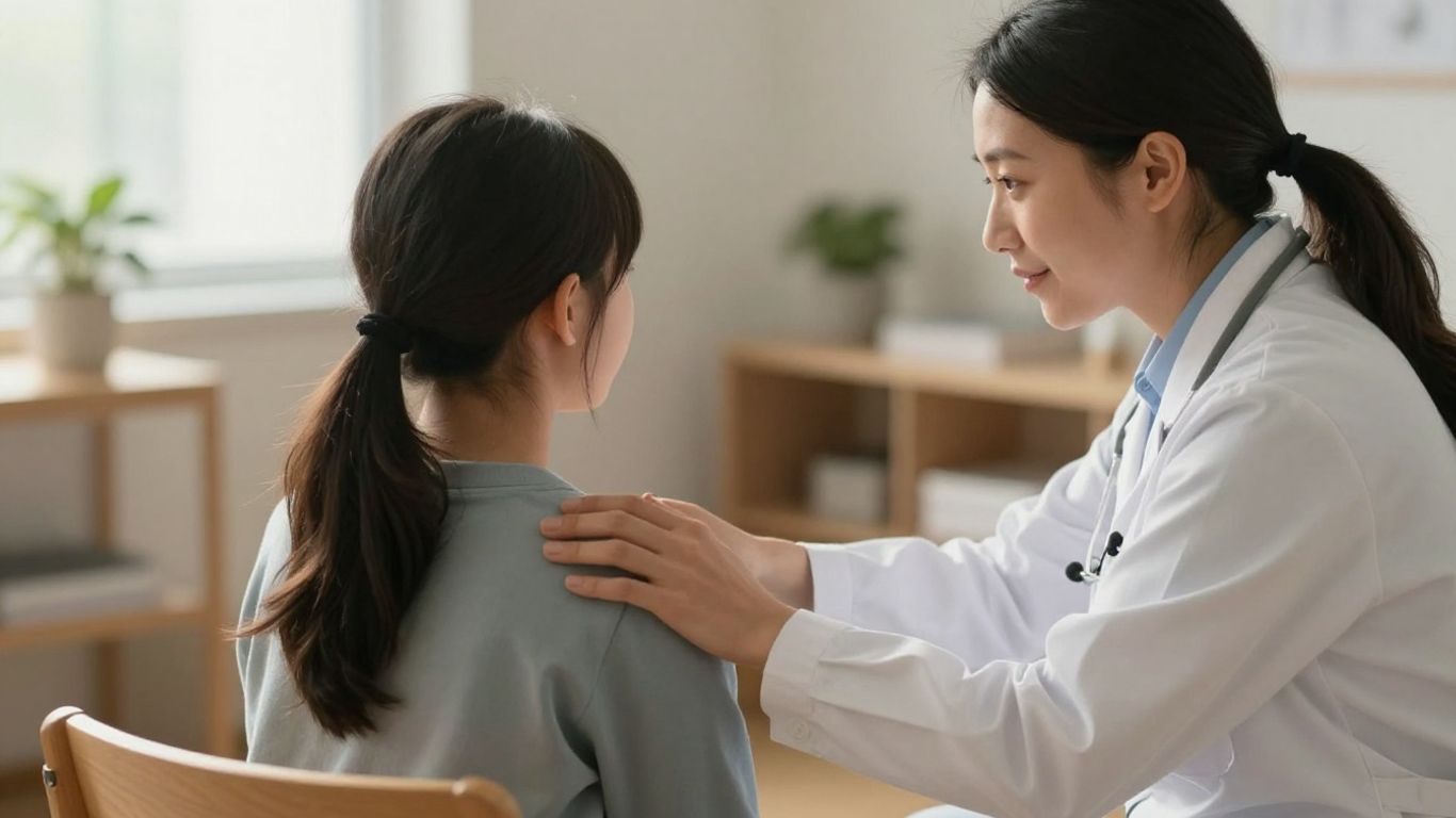 Doctor comforting a young person, offering support.