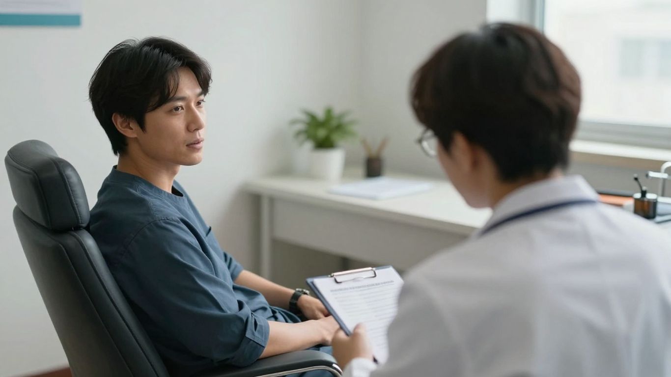 Psychiatrist and therapist discussing with a patient.