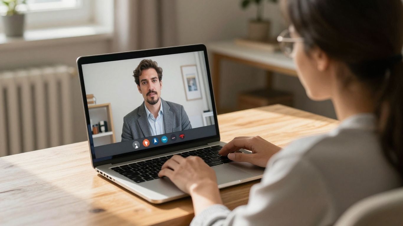 Texan receiving online psychiatry via laptop at home.