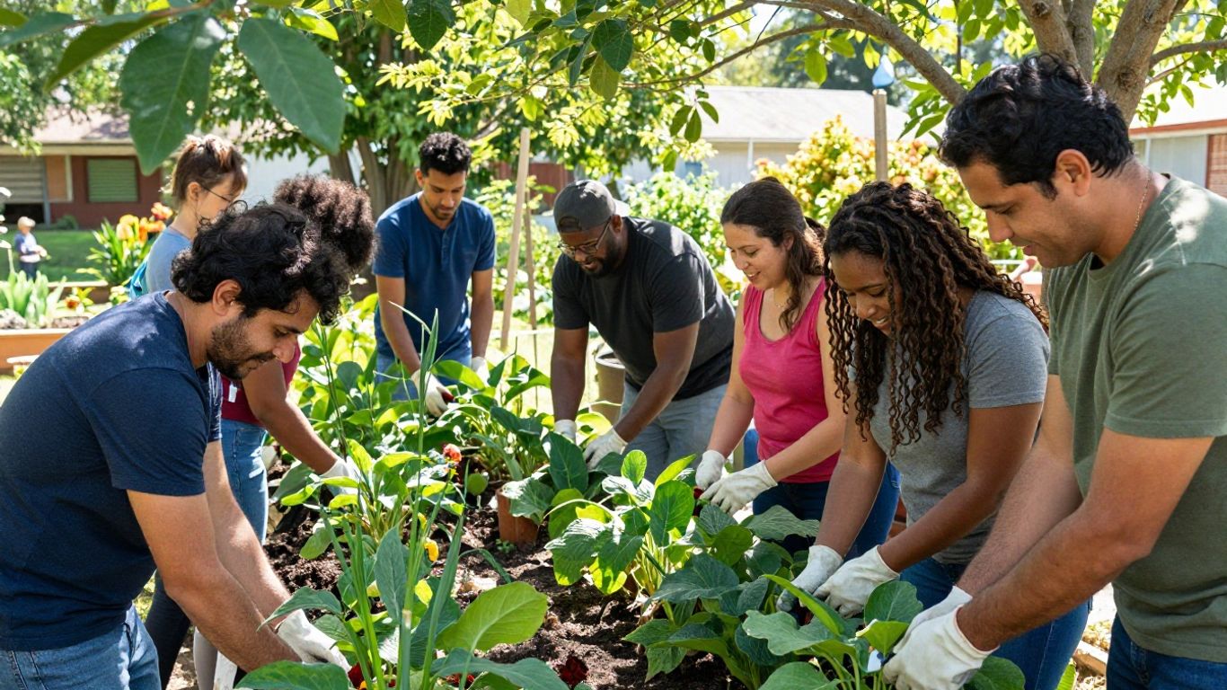 Community members gardening together outdoors.