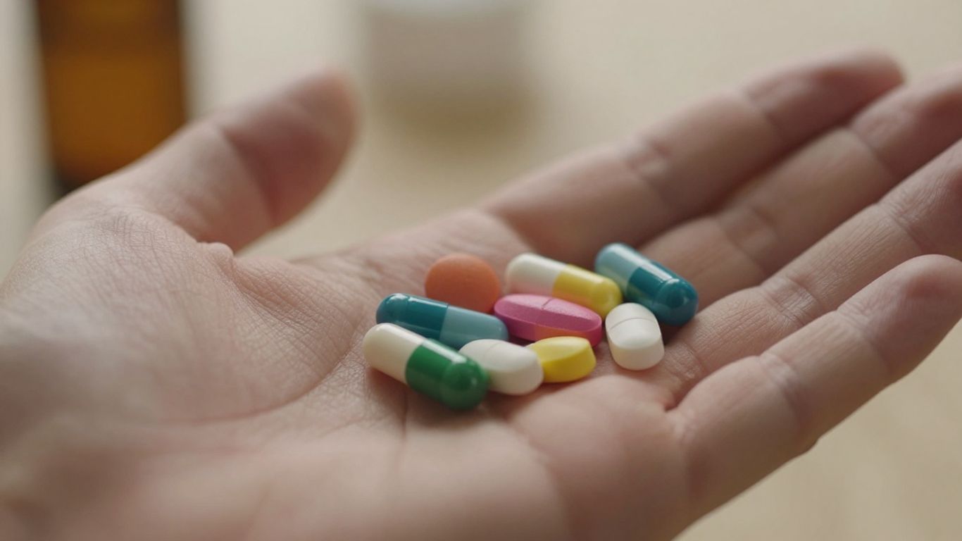 Colorful psychiatric medication pills and capsules held in hand.