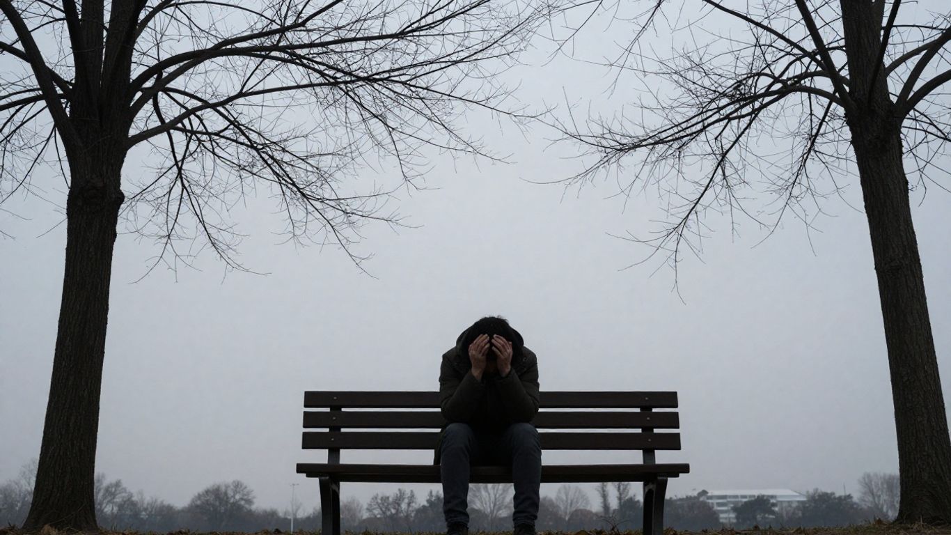 Person looking sad on a park bench under a gray sky.