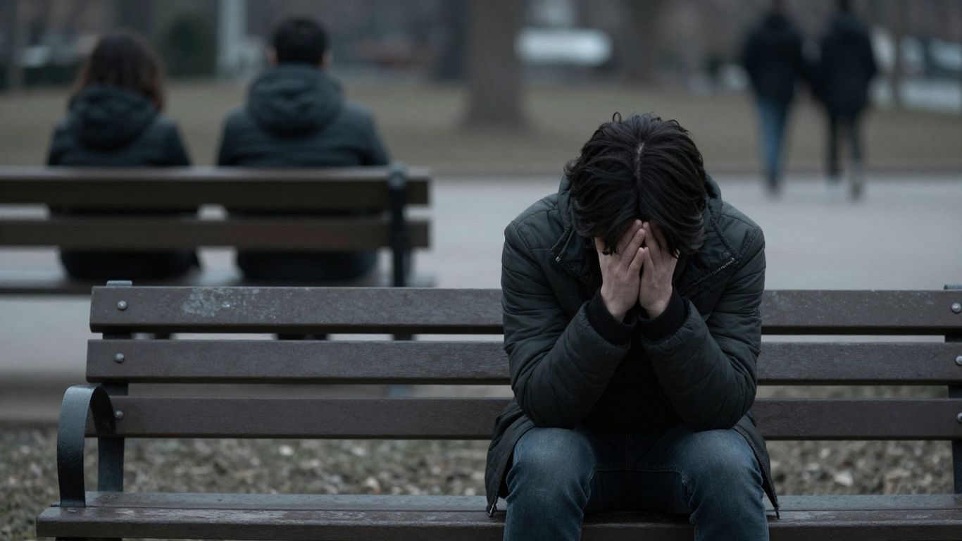 Person sitting alone on a park bench, looking withdrawn.