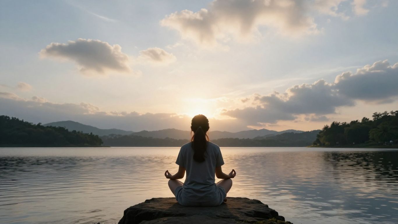 Person meditating by a calm lake at sunrise.