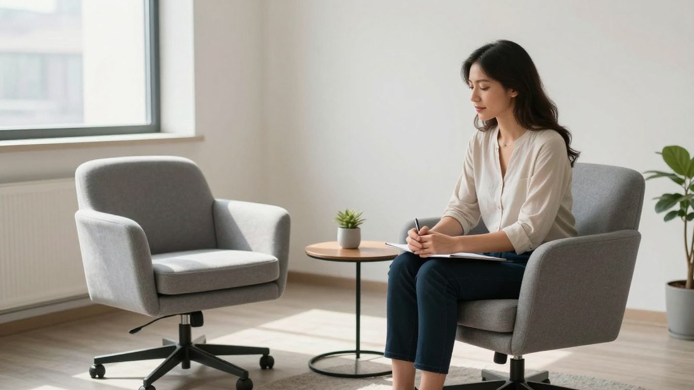 Therapist and patient in a calm office setting.