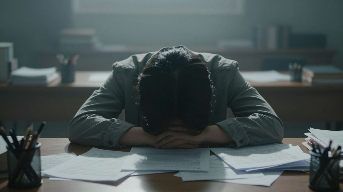 Person overwhelmed at desk, mental exhaustion.