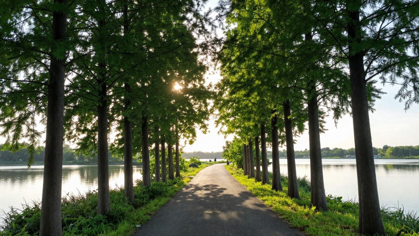 Path through nature towards a bright horizon.