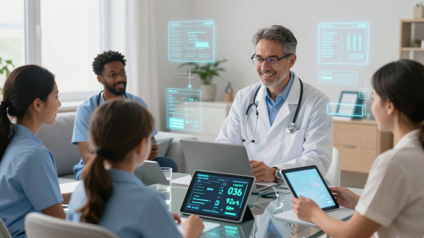 Healthcare professionals and patients using virtual care technology.