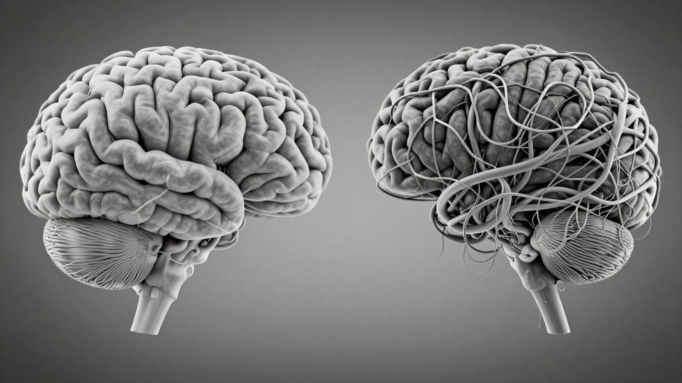 Brain with tangled and organized neural pathways.