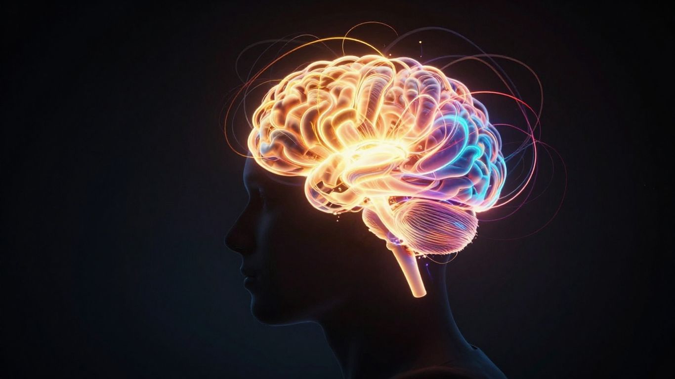 Person with a glowing brain, stress and calm visualized.