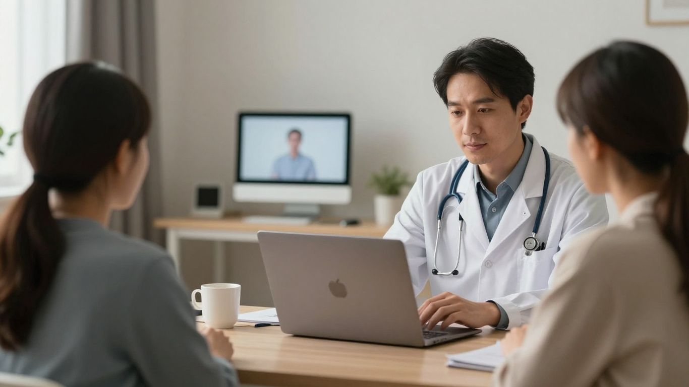 Doctor and patient connect via telepsychiatry on a laptop.