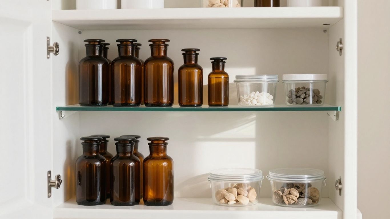 A clean organized medicine cabinet in sunlight