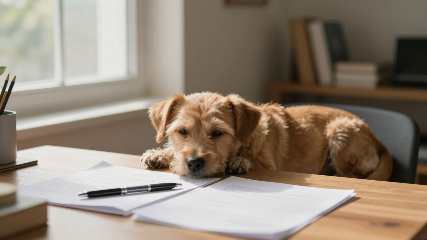 Dog resting beside apartment window with paperwork