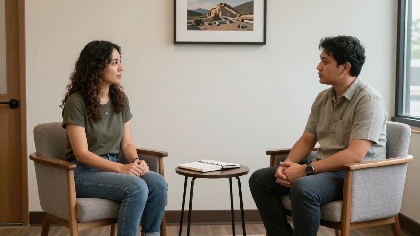 Newcomer speaking with therapist in welcoming office