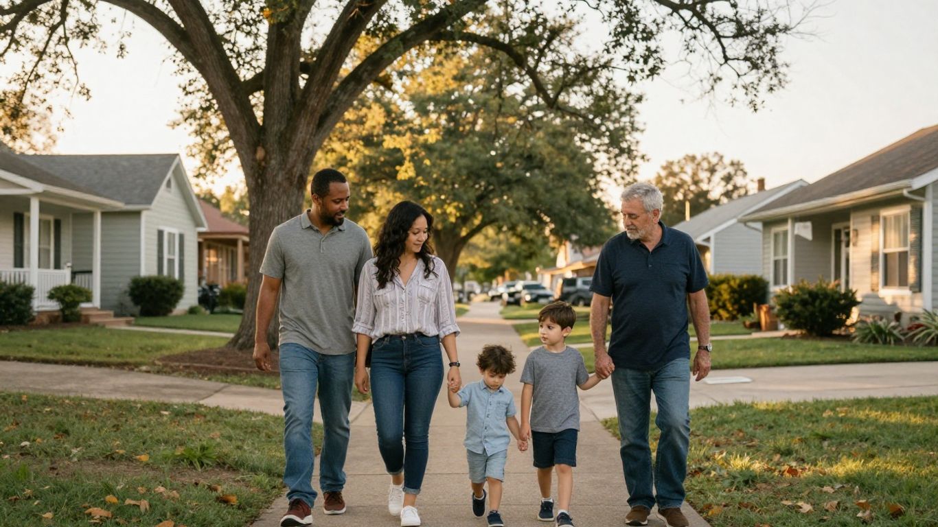 Diverse family walking through a welcoming neighborhood