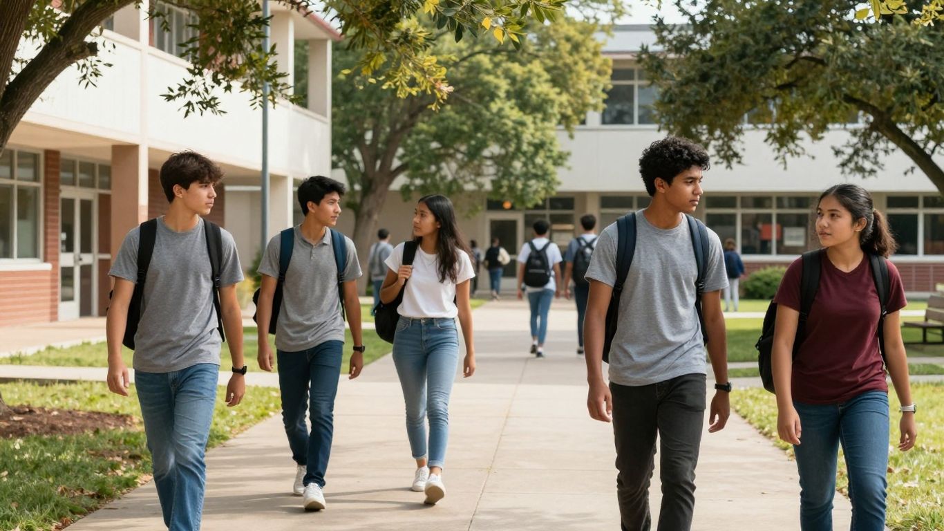 Teenagers walking through a busy Texas high school campus