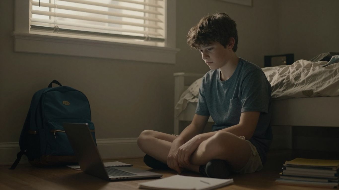 Quiet adolescent bedroom with backpack and evening light