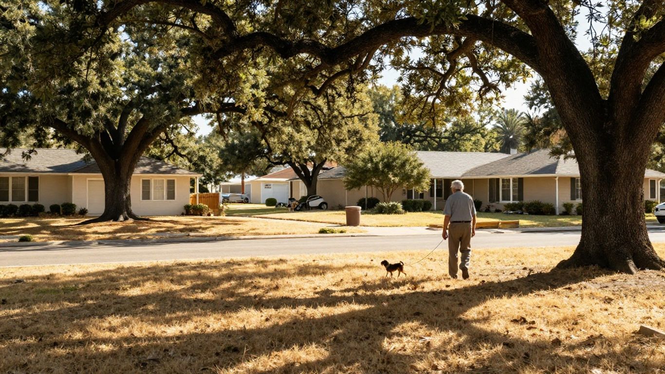Quiet residential street under bright Texas sunlight