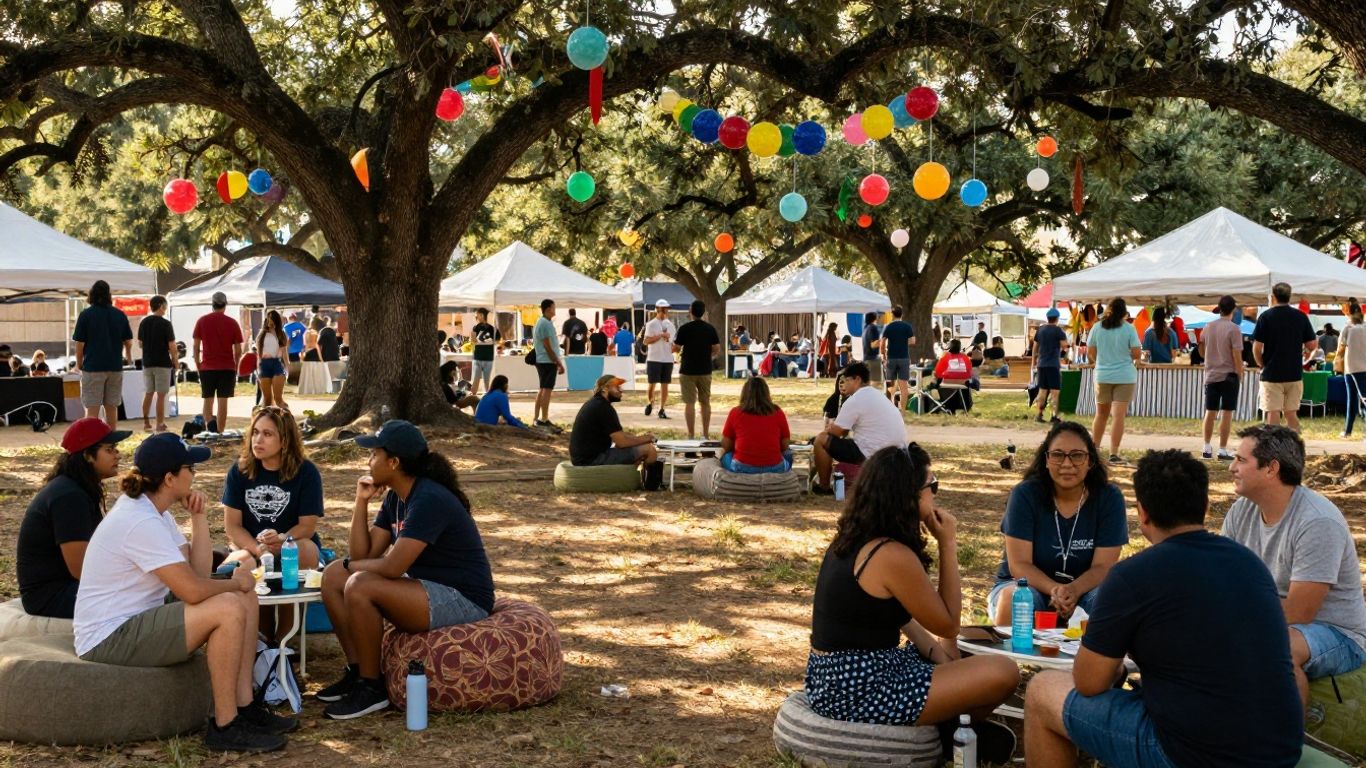 Friends resting near a lively outdoor festival