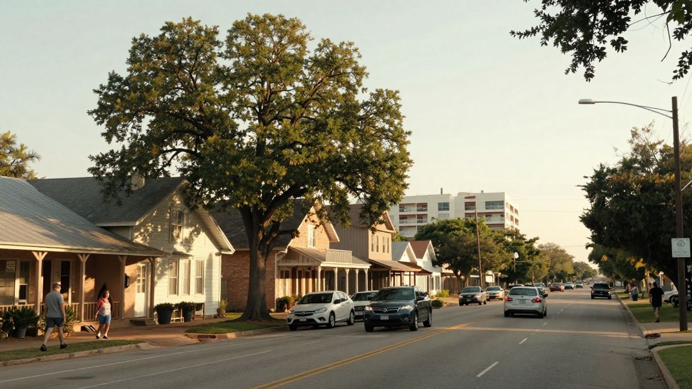 Historic New Braunfels neighborhood beside a busy growing road