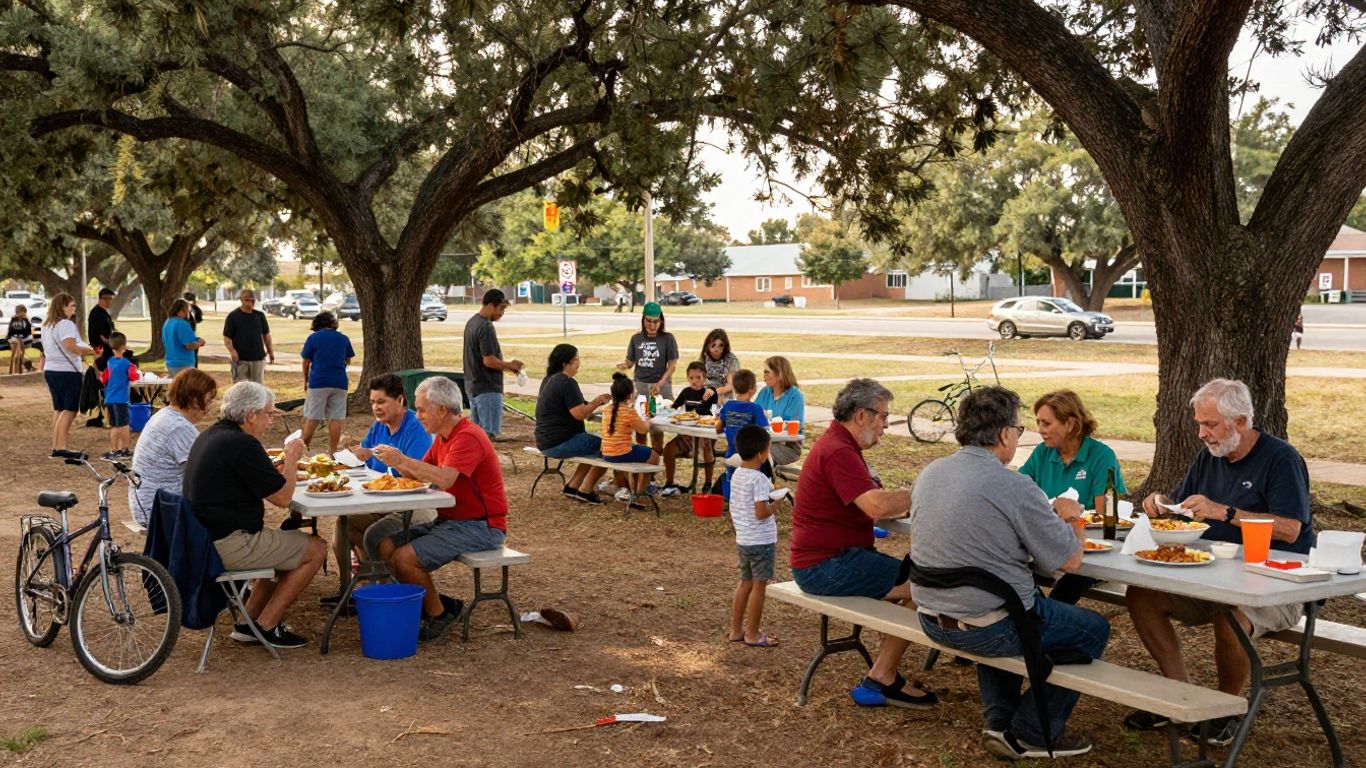 Neighbors sharing food beneath mature trees at a local gathering