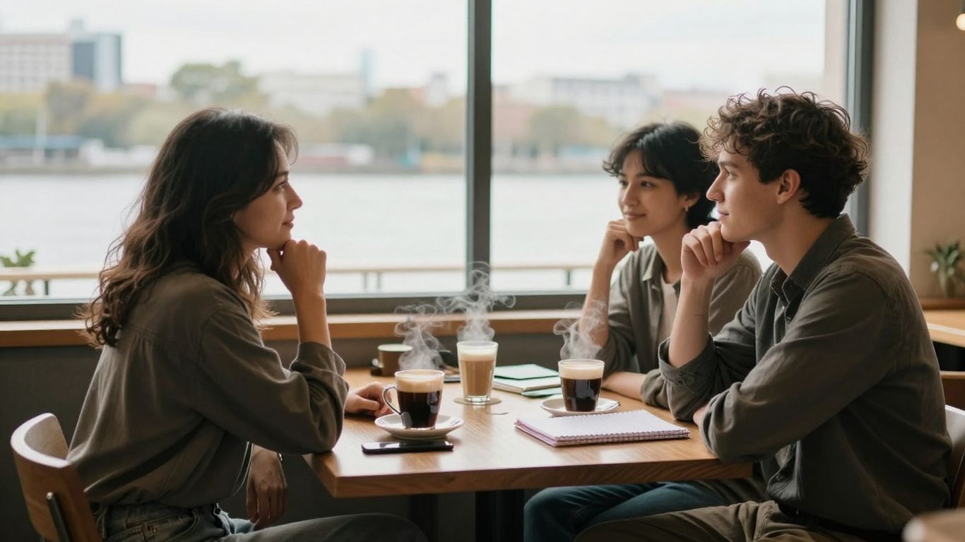 Friends talking over coffee away from river crowds