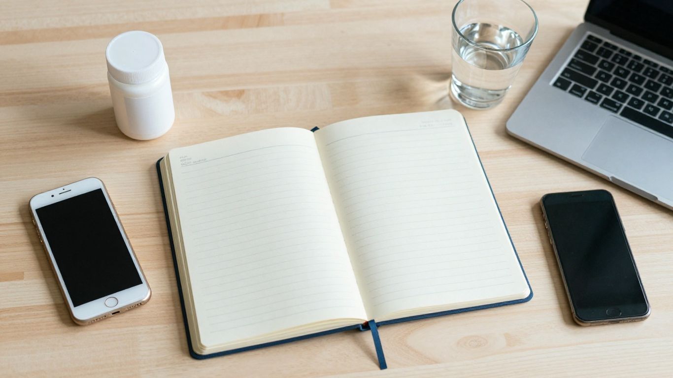 Notebook and medication list beside laptop